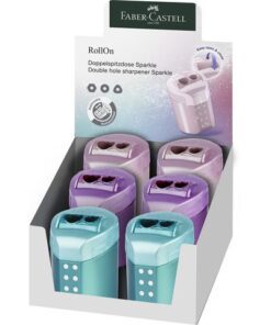 Faber Castell Puntenslijper Faber-Castell RollOn sparkle duo display 6 stuks assorti kleur: rose, violet en ocean metallic