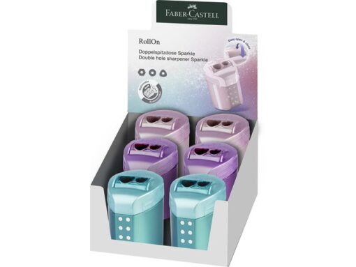 Faber Castell Puntenslijper Faber-Castell RollOn sparkle duo display 6 stuks assorti kleur: rose, violet en ocean metallic