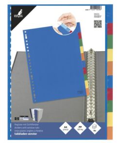 Kangaro tabbladen in assorti kleuren PP 120 micron. De tabbladen zijn voorzien van een opgelast transparant glashelder venster. Bijgeleverd beschrijfbare tekststrookjes. Per set verpakt in een krimp. Tekststrookjes zijn los leverbaar. A4 23-gaats.