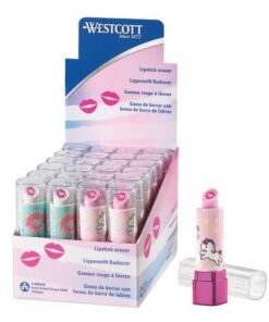 De lipstick gum van Westcott trekt ieders aandacht en is leverbaar in 2 leuke assorti kleuren. Display 24 stuks.