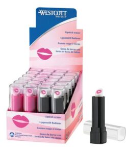 De lipstick gum van Westcott trekt ieders aandacht en is leverbaar in 2 assorti kleuren. Display 24 stuks.