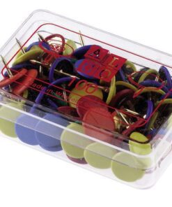 5mm in assorti kleuren. Verpakt in een plastic doosje. Kleur kop assorti. Doos à 100 stuks.