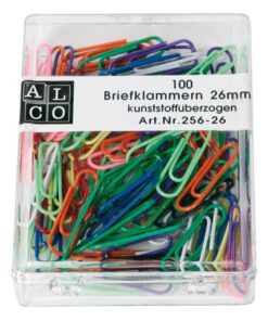 Paperclips geplastificeerd in 10 verschillende kleuren en assorti. Lengte 26mm. Verpakt in een hardplastic doosje. Doos à 100 stuks. Kleur assorti.