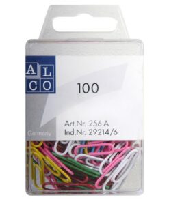 Paperclips geplastificeerd in 10 verschillende kleuren en assorti. Lengte 26mm. Verpakt in een kunststof doosje. Doos à 100 stuks. Kleur assorti. Verpakking voorzien van europonsing.
