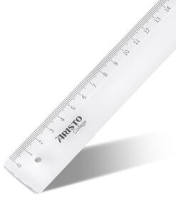 Transparante liniaal met facetrand en cm/mm schaalverdeling. Gemaakt van Polystyrol. Lengte 16cm.