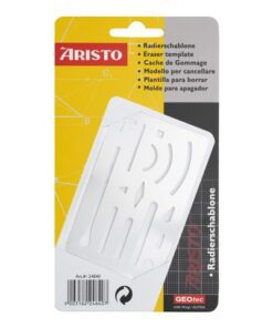 Aristo gum sjabloon van roestvrij staal in het formaat 90 x 60 mm en voorzien van 15 verschillende uitsparingen wordt bij het gummen gebruikt om alleen de ongewenste zones te verwijderen en de resterende zones te bedekken. Gemaakt van RVS.