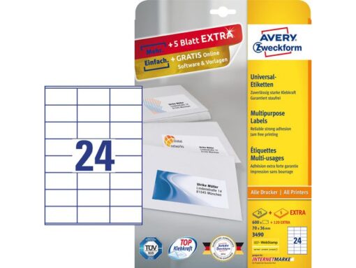 Etiket Avery ILK 70x36mm 25 vel + 5 vel extra  24 etiketten per vel wit