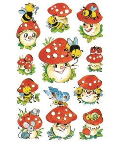 deels met glitters of reliëf. Formaat vel 76x120mm. Aantal vel 3. Motief vrolijke paddenstoelen.
