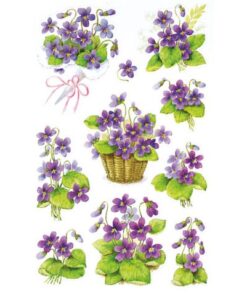 deels met glitters of reliëf. Formaat vel 76x120mm. Aantal vel 3. Motief viooltjes.