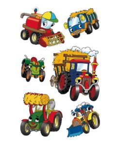deels met glitters of reliëf. Formaat vel 76x120mm. Aantal vel 3. Motief tractor.