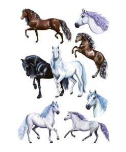 deels met glitters of reliëf. Formaat vel 76x120mm. Aantal vel 3. Motief paarden.