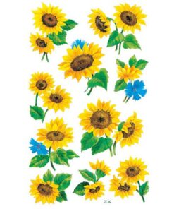 deels met glitters of reliëf. Formaat vel 76x120mm. Aantal vel 3. Motief zonnebloemen.