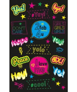 deze sticker van transparantfolie bedrukt met neon kleuren. Formaat vel 76x120mm. Aantal vel 1. Motief teksten