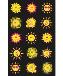 deze sticker van transparantfolie bedrukt met neon kleuren. Formaat vel 76x120mm. Aantal vel 1. Motief zon
