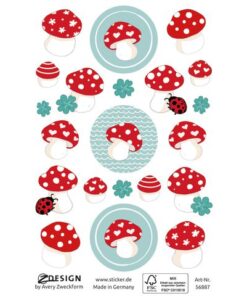 deels met glitters of reliëf. Formaat vel 76x120mm. Aantal vel 2. Motief paddenstoelen