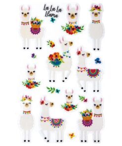 deze sticker van transparantfolie bedrukt met kleuren en glittereffect. Formaat vel 76x120mm. Aantal vel 1. Motief alpaca's