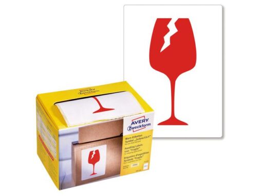 Waarschuwings etiket Avery 'Fragile' op rol in dispenser    74x100mm