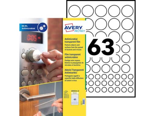 Antimicrobiële sticker Avery rond 35, 25, en 15 mm transp.  permanent totaal 630 stickers (10 vel)
