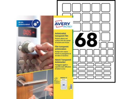 Antimicrobiële sticker Avery 30x30,20x20,25x10mm transp.    permanent. Totaal 680 stickers (10 vel)