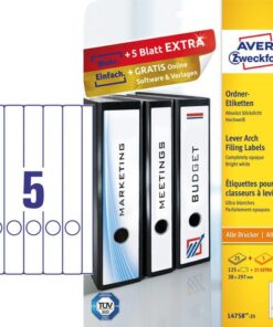 vooral als er nog vele andere taken gedaan moeten worden. Dan zijn ordnerrugetiketten de juiste oplossing. Ze zijn ideaal als uw stapel te archiveren documenten omvangrijker is dan gedacht. Met de gratis Avery templates en software oplossingen kunt u in één printopdracht alle etiketten voor alle ordners gelijk uitprinten. Doordat de ordnerrugetiketten niet doorschijnen door de unieke BlockOut technologie kunt u uw oude ordners opnieuw gebruiken. Het nieuwe etiket plaatst u over het oude etiket heen en de oude tekst is volledig onleesbaar. Dit bespaart niet alleen het milieu maar ook kosten. Formaat 297x38mm