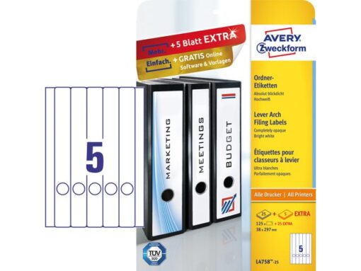 Ordnerrugetiket Avery 297x38mm wit 25 vel 5 etiketten per   vel
