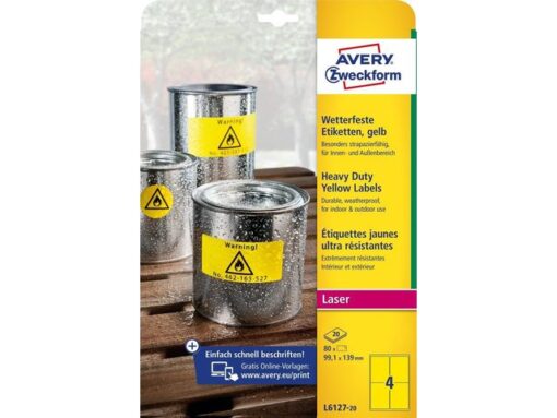 Laseretiket Avery 99,1x139mm polyester geel doos 20 vel 4   et. per vel