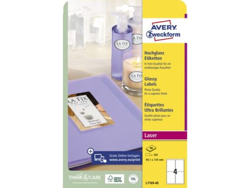 Etiket hoogglans Avery 139x9,1 mm, wit doos 40 vel 4        etik/vel permanent