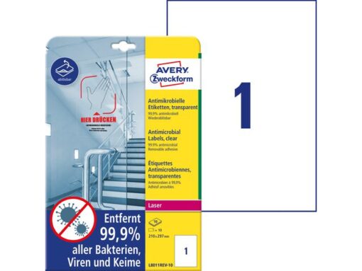Bedrukbaar antimic. etiket Zweckform 210x297mm, transp. 10  etiketten, 10 vel, afneemb