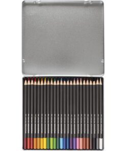 behouden zowel droog als nat hun intensieve en briljante kleur. Breukvast en makkelijk te slijpen. Ook te gebruiken op leisteen en kunststof. In metalen etui met 24 potloden.