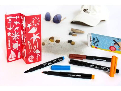 Tattoo stift Eberhard Faber Beach 4st. en 4in1 sjablonen. (zwart,oranje, blauw en bruin)
