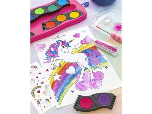 Faber Castell Waterverfdoos Faber-Castell Connector 12 kleuren + 1 tube   regenboog glitter en unicorn stickers