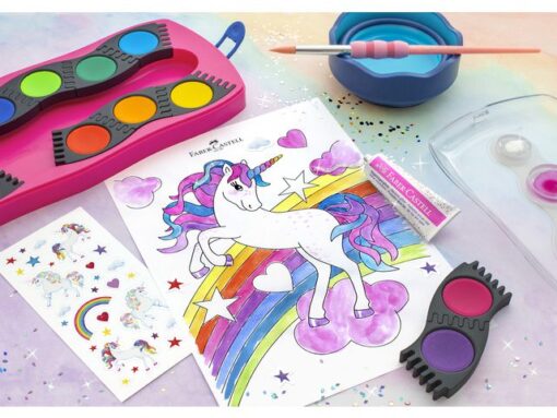 Faber Castell Waterverfdoos Faber-Castell Connector 12 kleuren + 1 tube   regenboog glitter en unicorn stickers