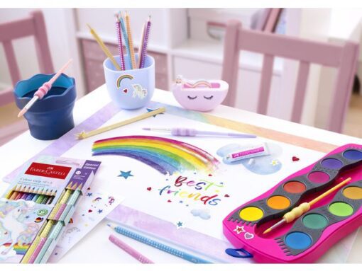 Faber Castell Waterverfdoos Faber-Castell Connector 12 kleuren + 1 tube   regenboog glitter en unicorn stickers