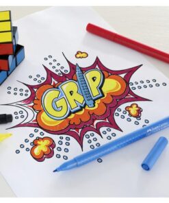 Viltstiften met noppen op de schacht. Ergonomische driekantige schachtvorm. Inkt op basis van levensmiddelkleurstof. Punt bestand tot en met 3kg druk. Heldere kleuren. Uitwasbaar uit de meeste textielsoorten. Etui à 20 assorti.