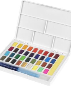 Deze box wordt geleverd met palet. De deksel is namelijk afneembaar waardoor je een palet hebt. Tevens ook makkelijk om schoon te maken. De kleuren zijn helder en volledig wateroplosbaar. De verf is perfect mengbaar voor lichte en donkere kleuren. Deze set bevat ook een waterpenseel van hoge kwaliteit. Inclusief neon en metallic kleuren.