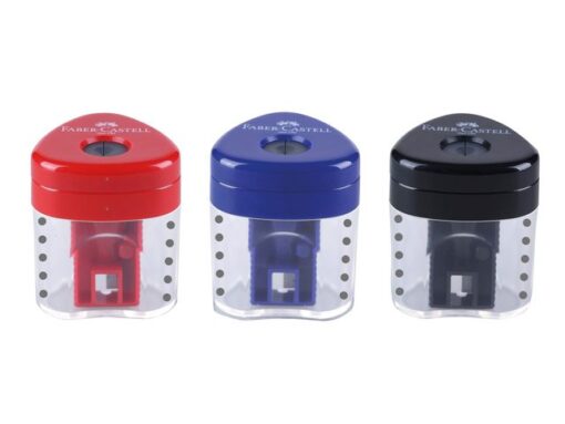 Faber Castell Grip enkele puntenslijper in assorti kleuren rood, blauw en zwart displat a 24 stuks
