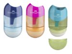Faber Castell Puntenslijper + gum Faber-Castell met afvalkoker assorti    kleuren display 12 stuks