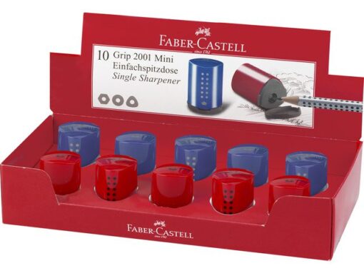 Faber Castell puntenslijper Faber-Castell GRIP 2001 mini blauw/rood assorti display a 10 stuks.