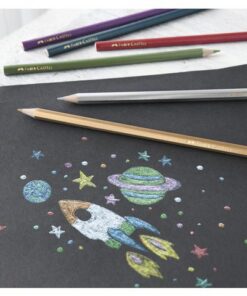 Hexagonale metallic kleurpotloden van Faber-Castell. Het is bruikbaar op licht en donker papier. Een set van 10 kleuren.