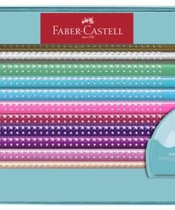 De leuke Sparkle gift set van Faber-Castell bevat 20x Sparkle kleurpotloden en 1x een mini puntenslijper turkoois. De potloden hebben een driehoekige ergonomische vorm en zijn onbreekbaar. Verpakt in een mooi vormgegeven blik.