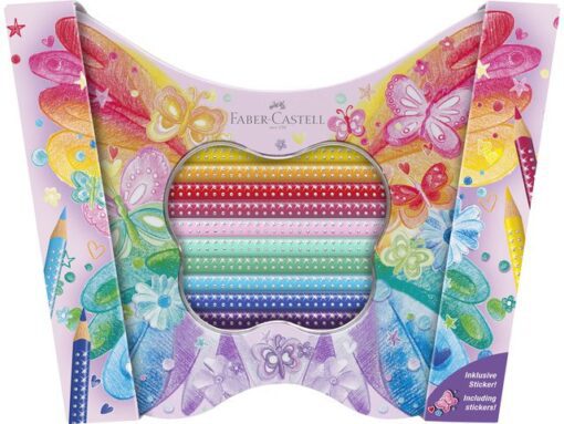 Faber Castell Kleurpotloden Faber-Castell sparkle 12 standaard kleuren +  8 pastel kleuren in bewaarblik vlinder inclusief vlinder