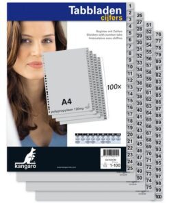 Kangaro tabbladen grijs PP 120 micron. De tabs zijn éénzijdig zwart bedrukt met cijfers. Per set verpakt in een krimp. A4 23-gaats. 100-delig.