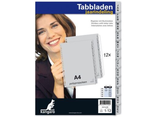 Kangaro KTC Tabblad Kangaro A4 letters PP 120 micron grijs 4-gaats      12-delig maand