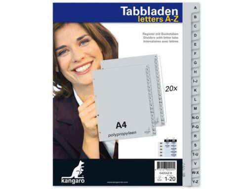 Kangaro KTC Tabblad Kangaro A4 letters PP 120 micron grijs 4-gaats 20-delig A-Z EB