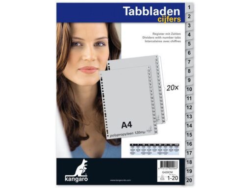 Kangaro KTC Tabblad Kangaro A4 cijfers PP 120 micron grijs 23-gaats 20-delig