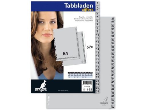Kangaro KTC Tabblad Kangaro A4 cijfers PP 120 micron grijs 23-gaats 52-delig