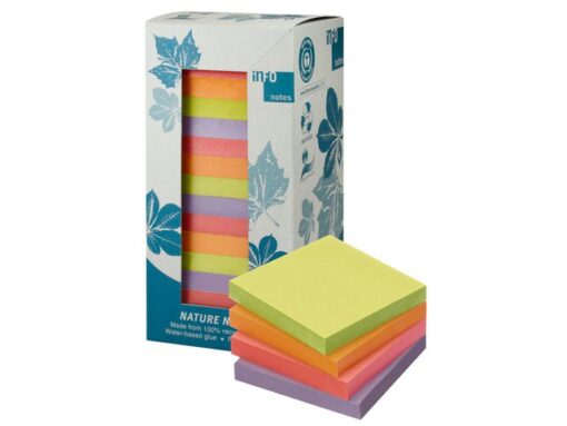 Info notes 75x75mm 16 x 100 blaadjes, 4 kleuren, blauwe engel, toren verpakking.
