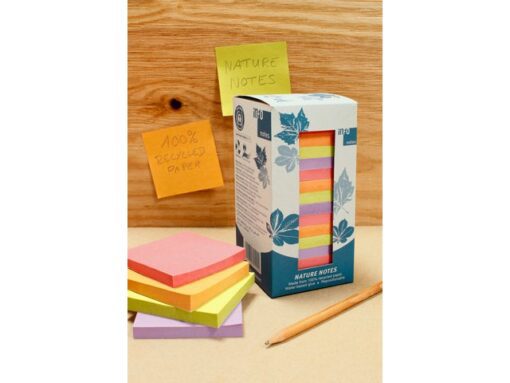 Info notes 75x75mm 16 x 100 blaadjes, 4 kleuren, blauwe engel, toren verpakking.