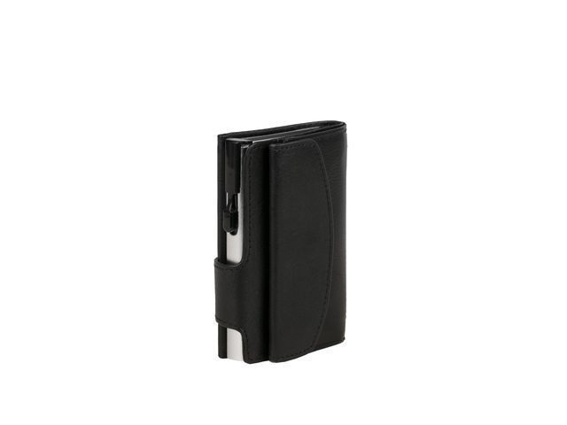 Pasjeshouder Clicksafe nappaleer zwart/zilver RFID 8 pasjes met opbergvak voor muntgeld