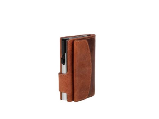Pasjeshouder Clicksafe buffelleer cognac/zilver RFID 8 pasjes met opbergvak voor muntgeld